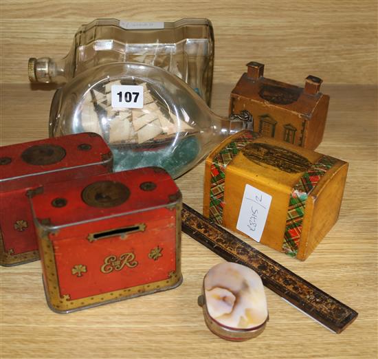 A Tunbridgeware ruler, two ships in bottles, treen boxes etc (8)